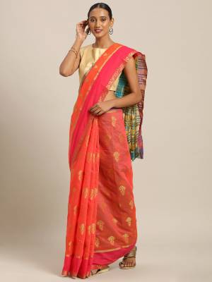 Pretty Simple And Elegant Looking Saree For Your Semi-Casual Wear Is Here In Orange color Paired With Contrasting Blue Colored Blouse. This Saree and Blouse Are Fabricated On Cotton Handloom Beautified With Weave. 