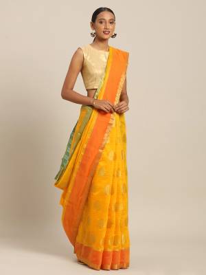 Pretty Simple And Elegant Looking Saree For Your Semi-Casual Wear Is Here In Musturd Yellow color Paired With Contrasting Olive Green Colored Blouse. This Saree and Blouse Are Fabricated On Cotton Handloom Beautified With Weave. 
