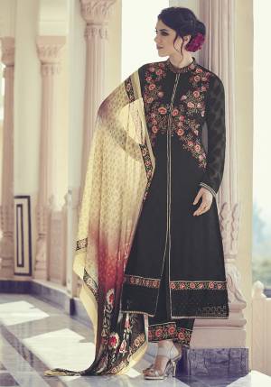 Add This Pretty Simple And Elegant Looking Straight Suit To Your Wardrobe In Black Color. Its Top Is Fabricated On Jacquard Georgette Paired With Santoon Bottom and Chiffon Fabricated Dupatta. It Is Light In Weight and Easy To Carry All Day Long. 