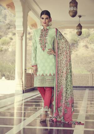 Look Beautiful Wearing This Designer Straight Suit In Light Green And Dark Pink Contrasting Colors. Its Top Is Fabricated Jacquard Georgette Paired With Santoon And Chiffon Fabricated Dupatta. 