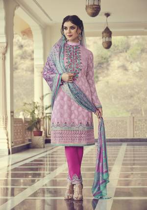 Look Beautiful Wearing This Designer Straight Suit In Light Pink And Dark Pink Contrasting Colors. Its Top Is Fabricated Jacquard Georgette Paired With Santoon And Chiffon Fabricated Dupatta. 