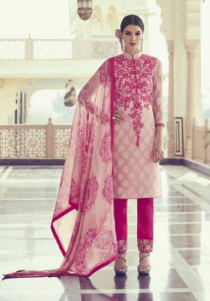 Add This Pretty Simple And Elegant Looking Straight Suit To Your Wardrobe In Shades Of Pink Color. Its Top Is Fabricated On Jacquard Georgette Paired With Santoon Bottom and Chiffon Fabricated Dupatta. It Is Light In Weight and Easy To Carry All Day Long. 