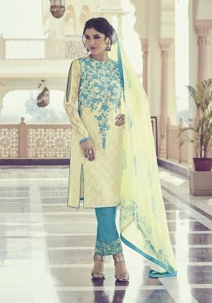 Add This Pretty Simple And Elegant Looking Straight Suit To Your Wardrobe In Cream And Blue Color. Its Top Is Fabricated On Jacquard Georgette Paired With Santoon Bottom and Chiffon Fabricated Dupatta. It Is Light In Weight and Easy To Carry All Day Long. 