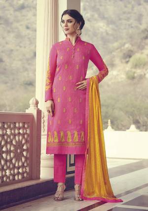 Grab This Designer Straight Suit In Pink Color Paired With Contrasting Musturd Yellow Colored Dupatta. Its Top and Dupatta Are Chiffon Based Paired With Santoon Bottom. It IS Light Weight, Durable And Easy To Carry. 