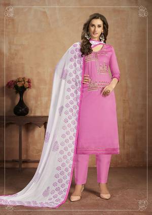 Grab This Pretty Cotton Based Dress Material In Pink Colored Top Paired With Pink Colored Bottom and White Colored Dupatta. This Straight Suit Can Be Customised As Per Your Desired Fit and Comfort. 