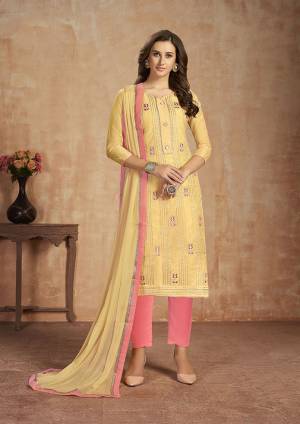 For your Semi-Casual Wear, Here Is A Pretty Straight Suit In Yellow and Dark Peach Color. This Pretty Suit Is Cotton Based Beautified With Thread Work. Buy This Dress Material Now.