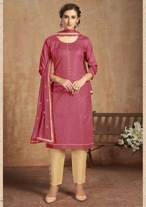Grab This Pretty Cotton Based Dress Material In Pink Colored Top Paired With Cream Colored Bottom and Pink Dupatta. This Straight Suit Can Be Customised As Per Your Desired Fit and Comfort. 