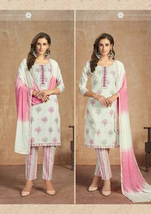 For your Semi-Casual Wear, Here Is A Pretty Straight Suit In White & Pink Color. This Pretty Suit Is Cotton Based Beautified With Thread Work. Buy This Dress Material Now.