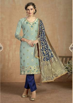 Grab This Pretty Cotton Based Dress Material In Steel Blue Colored Top Paired With Navy Blue Colored Bottom and Dupatta. This Straight Suit Can Be Customised As Per Your Desired Fit and Comfort. 