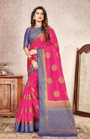 Shine Bright Wearing This Designer Silk Based Saree In Dark Pink Color Paired With Contrasting Violet Colored Blouse. This Saree And Blouse Are Fabricated On Nylon Silk Beautified With Weave. 