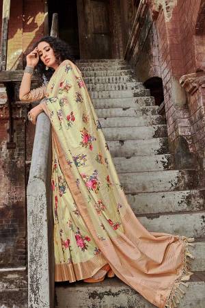 Look Pretty Wearing This Designer Light Yellow Colored Saree. This Saree And Blouse Are Satin Silk Based Beautified With Digital Prints All Over. 