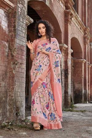 Look Pretty Wearing This Designer Peach Colored Saree. This Saree And Blouse Are Satin Silk Based Beautified With Digital Prints All Over. 