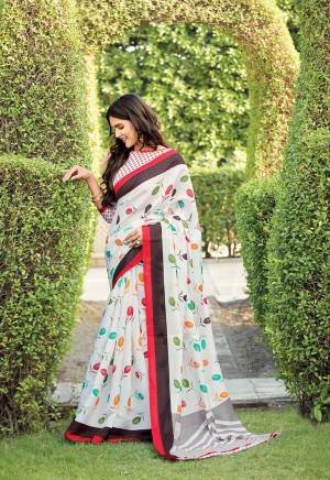 Her Is A Very Pretty Light Weight Designer Printed Saree In White Color. This Saree And Blouse Are Fabricated On Kora Satin Which Is Soft Towards Skin And Easy To Carry All Day Long. 