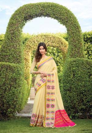 Her Is A Very Pretty Light Weight Designer Printed Saree In Light Yellow Color. This Saree And Blouse Are Fabricated On Kora Satin Which Is Soft Towards Skin And Easy To Carry All Day Long. 