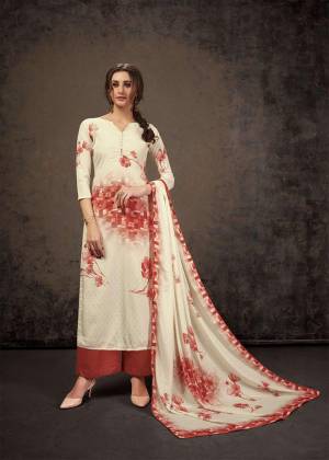 Add This Pretty Elegant Designer Straight Suit To Your Wardrobe In Off-White And Rust Orange Color. Its Top Is Fabricated On Crepe Silk Paired With Santoon Bottom And Chinon Fabricated Dupatta. Its Top And Dupatta Are Beautified With Digital Print Gicing A Subtle Rich Look. 