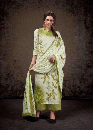 Add This Pretty Elegant Designer Straight Suit To Your Wardrobe In Off-White And Light Green Color. Its Top Is Fabricated On Crepe Silk Paired With Santoon Bottom And Chinon Fabricated Dupatta. Its Top And Dupatta Are Beautified With Digital Print Gicing A Subtle Rich Look. 