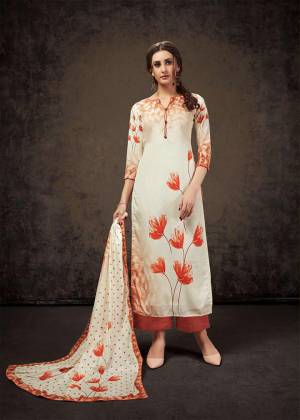 Add This Pretty Elegant Designer Straight Suit To Your Wardrobe In Off-White And Orange Color. Its Top Is Fabricated On Crepe Silk Paired With Santoon Bottom And Chinon Fabricated Dupatta. Its Top And Dupatta Are Beautified With Digital Print Gicing A Subtle Rich Look. 