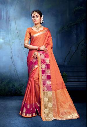 Add This Pretty Designer Saree In Orange Colored Paired With Orange Colored Blouse. This Saree Is Fabricated On Cotton Silk Paired With Art Silk Fabricated Blouse. It Is Beautified With Weave All Over. 