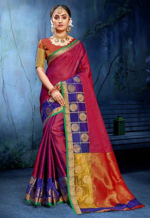 Add This Pretty Designer Saree In Multi Colored Paired With Red & Beige Colored Blouse. This Saree Is Fabricated On Cotton Silk Paired With Art Silk Fabricated Blouse. It Is Beautified With Weave All Over. 