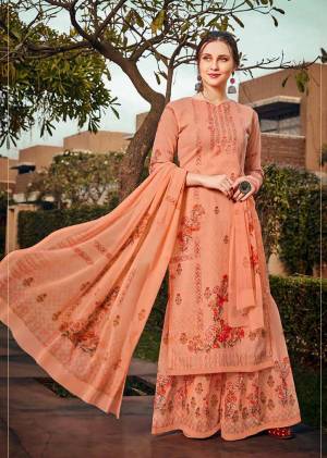 Grab This Pretty Designer Straight Suit In All Over Light Orange Color. Its Pretty Top, Bottom And Dupatta Are Fabricated On Georgette Beautified With Prints And Stone Work. It Is Light In Weight And Easy To Carry All Day Long. 