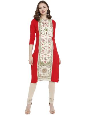 For Your Semi-Casual Wear, Grab This Readymade Straight Kurti In Red Color Fabricated On Crepe. It Is Beautified With Prints And Can Be Paired With Same Or Contrasting Colored Leggings, Pants Or Plazzo. 
