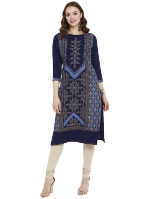 Simple And Elegant Looking Readymade Straight Kurti Is Here In Navy Blue Color. It Is Fabricated On Crepe Beautified With Prints. Also It Is Light In Weight and Easy To Carry.