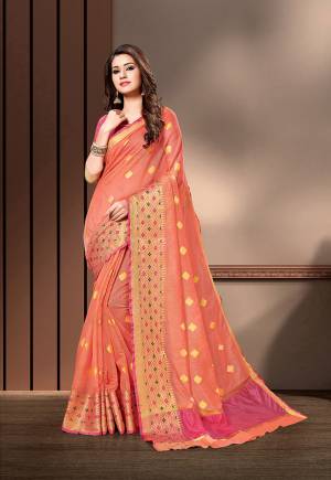 Pretty Simple And Elegant Looking Saree Is Here In Peach Color Paired With Dark Pink Colored Blouse. This Saree And Blouse Are Fabricated On Cotton Silk Beautified With Weave. 