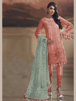 Grab This Pretty Straight Suit In Light Orange Color Paired With Contrasting Pastel Green Dupatta. Its Top Is Fabricated On Tissue Silk Paired With Santoon Bottom And Net Fabricated Dupatta. Buy This Suit Now.