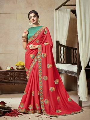 Celebrate This Festive Season With Beauty And Comfort Wearing This Lovely Dark Peach Colored Saree Paired With Sea Green Colored Blouse.  This Saree Is Satin Silk Based Paired With Art Silk Fabricated Blouse. Buy Now.
