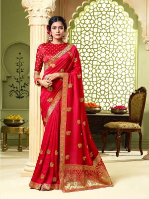 Celebrate This Festive Season With Beauty And Comfort Wearing This Designer Saree In Red Color. This Pretty Saree Is Fabricated On Art Silk Paired With Jacquard Silk Fabricated Blouse. It Is Beautified With Jari Embroidery And Stone Work. 