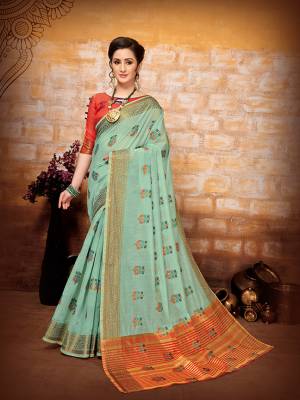Look Pretty In This Designer Silk Based Saree In Pastel Blue Color Paired With Orange Colored Blouse. This Saree And Blouse Are Fabricated On Art Silk Beautified With Weave. It Is Light In Weight And Easy To Carry All Day Long. 