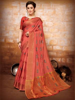 Flaunt Your Rich And Elegant Taste Wearing This Designer Saree In Pink Color Paired With Orange Colored Blouse. This Saree And Blouse are Fabricated On Art Silk Beautified With Pretty Weave. 