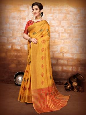 Look Pretty In This Designer Silk Based Saree In Musturd Yellow Color Paired With Orange Colored Blouse. This Saree And Blouse Are Fabricated On Art Silk Beautified With Weave. It Is Light In Weight And Easy To Carry All Day Long. 