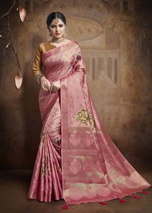 Celebrate This Festive Season In This Very Beautiful And Attractive Looking Designer Saree In Pink Color Paired With Contrasting Orange Colored Blouse. This Saree and Blouse Are Fabricated On Jacquard Silk Beautified With Weave All Over. Buy This Saree Now.