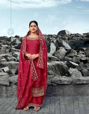 Grab This Beautiful Designer Heavy Straight Suit In Dark Pink Color. Its Top Is Fabricated On Satin Georgette Paired With Art Silk Bottom And Silk Georgette Dupatta. Buy This Pretty Suit Now.