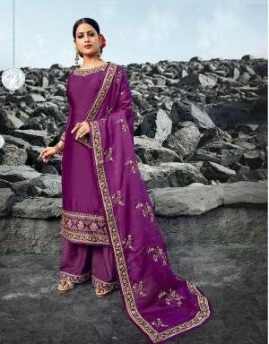 Grab This Beautiful Designer Heavy Straight Suit In Purple Color. Its Top Is Fabricated On Satin Georgette Paired With Art Silk Bottom And Silk Georgette Dupatta. Buy This Pretty Suit Now.