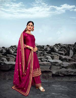 Grab This Beautiful Designer Heavy Straight Suit In Rani Pink Color. Its Top Is Fabricated On Satin Georgette Paired With Art Silk Bottom And Silk Georgette Dupatta. Buy This Pretty Suit Now.