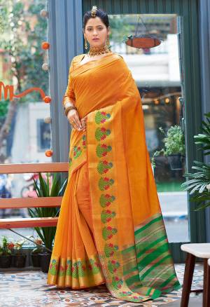 Celebrate This Festive Season Wearing This Pretty Saree In Musturd Yellow Color. This Saree And Blouse Are Fabricated On Khadi Silk Beautified With Weaved Border.