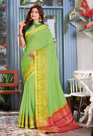 Celebrate This Festive Season Wearing This Pretty Saree In Light Green Color. This Saree And Blouse Are Fabricated On Khadi Silk Beautified With Weaved Border.