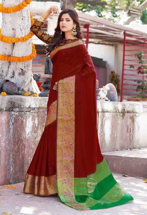 Celebrate This Festive Season Wearing This Pretty Saree In Maroon Color. This Saree And Blouse Are Fabricated On Khadi Silk Beautified With Weaved Border.