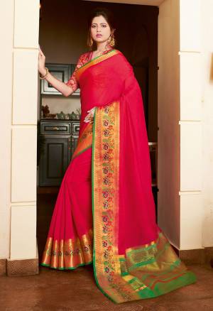 Celebrate This Festive Season Wearing This Pretty Saree In Rani Pink Color. This Saree And Blouse Are Fabricated On Khadi Silk Beautified With Weaved Border.