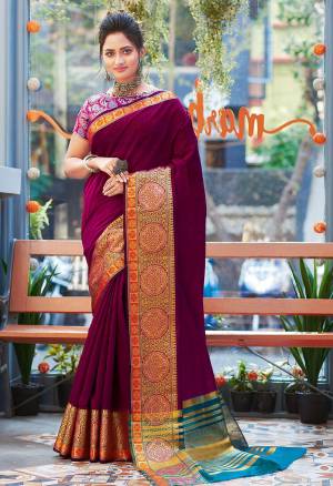 Celebrate This Festive Season Wearing This Pretty Saree In Wine Color. This Saree And Blouse Are Fabricated On Khadi Silk Beautified With Weaved Border.