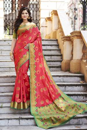 Flaunt Your Rich And Elegant Taste Wearing This Designer Silk Based Saree In Dark Pink Color Paired With Golden Colored Blouse. This Saree And Blouse Are Fabricated On Banarasi Art Silk Beautified With Weave. Buy Now.