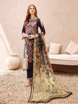 Grab This Pretty Designer Straight Suit In Black Color. Its Top Is Fabricated On Cotton Satin Paired With Cotton Bottom and Muslin Fabricated Dupatta. It Is Beautified With Digital Prints And Thread Work. Buy Now.