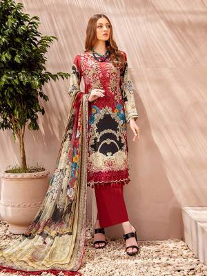 Grab This Pretty Designer Straight Suit In Red And Multi Color. Its Top Is Fabricated On Cotton Satin Paired With Cotton Bottom and Muslin Fabricated Dupatta. It Is Beautified With Digital Prints And Thread Work. Buy Now.