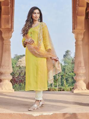 Celebrate This  Festive Season With Beauty And Comfort Wearing This Designer Readymade Straight Suit In Yellow Color. Its Pretty Color and Rich Fabric Will Earn You Lots Of Compliments From Onlookers. 