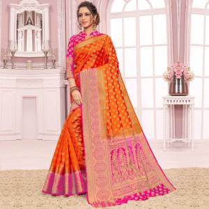 For A Proper Traditional Look, Grab This Designer Saree In Orange Color Paired With Rani Pink Colored Blouse. This Saree Is Fabricated On Nylon Crepe Silk Paired With Art Silk Fabricated Blouse. 