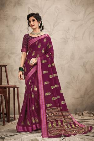 Here Is A Pretty Traditional Looking Designer Saree In Purple Color. This Pretty Saree And Blouse Are Fabricated On Chanderi Beautified With Resham And Jari Work. It Is Light In Weight and Easy To Carry All Day Long. 