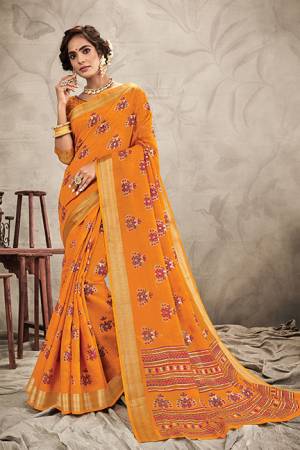 Here Is A Pretty Traditional Looking Designer Saree In Orange Color. This Pretty Saree And Blouse Are Fabricated On Chanderi Beautified With Resham And Jari Work. It Is Light In Weight and Easy To Carry All Day Long. 