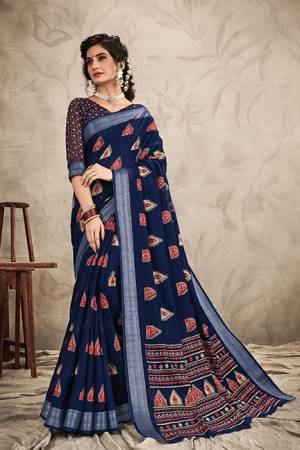 Add This Beautiful Designer Saree To Your Wardrobe In Navy Blue Color. This Saree And Blouse Are Chanderi Based Beautified With Resham And Jari Work. 
